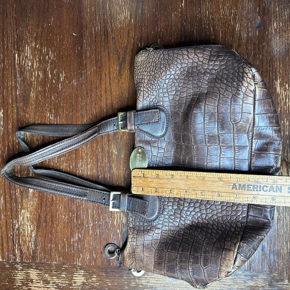 Crocodile-Embossed Brown Leather Conceal Carry Handbag By Hidesign Double Handle - Picture 3 of 14